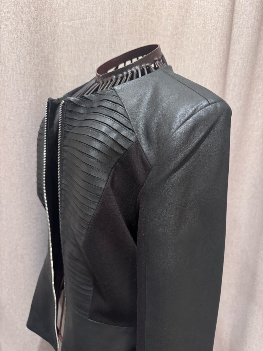 Bagatelle - Black Leather - Moto Jacket - Peplum - Zip - Mixed Media- M - Picture 9 of 16